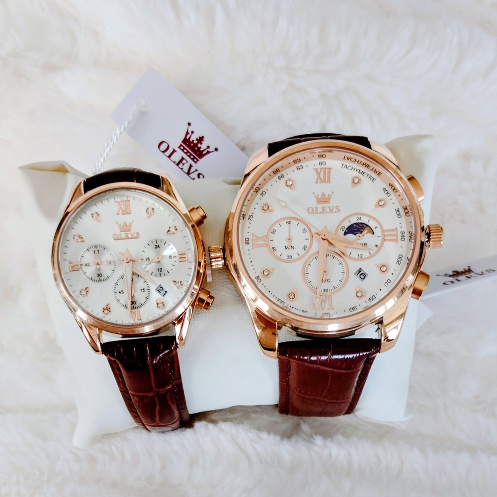 OLEVS Men's And Women's Rose Gold and Brown Watch Set